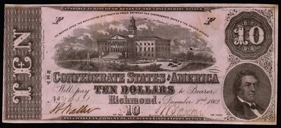 1862 $10 CROSS CUT CANCELLED Confederate States of America RICHMOND, VA Note! - Image 1 of 2