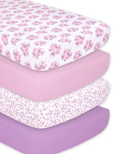 Floral 4 Pack Print & Solid Microfiber Fitted Crib Sheet Set Pink/White/Purple - Picture 1 of 8