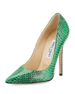 Jimmy Choo Anouk Green Snake Embossed Skin Pumps 37.5 - Picture 1 of 11