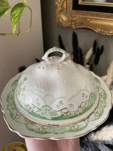Antique England Johnson Bros DARTMOUTH Round Covered Butter Serving Dish Green - Picture 1 of 15