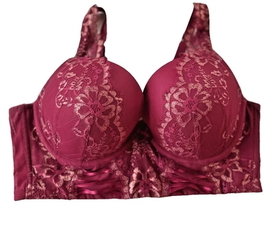 Nuevo sin etiquetas Sujetador Cacique Bustier Longline Boost Soporte Sumergible Encaje Frambuesa Vino 42D Foto 1 de 4