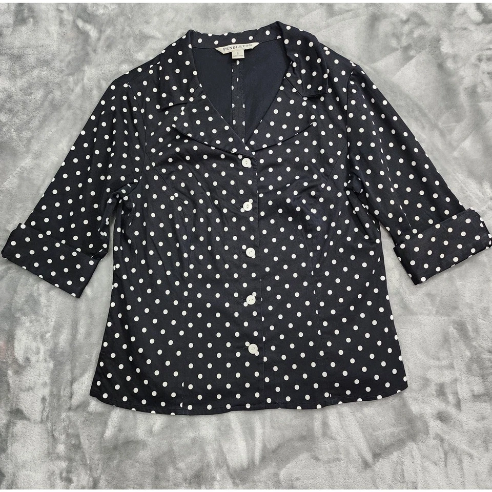Vintage 90s Pendleton Top Womens S Black White Polka Dot 3/4 Sleeve Button Up - Image 1 of 4