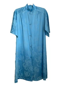 Vintage Short Sleeve Light Blue Robe Dress Buttons Pockets 60's 70's Asian Neck - Picture 1 of 9