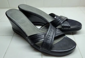 Stuart Weitzman Solid Black Leather Slide 3" Wedge Heel Sandal Size 9 Med Spain - Picture 1 of 9