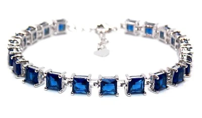 Pulsera Tenis Plata Azul Zafiro Corte Princesa 22.89ct (925) Caja Regalo Gratis Foto 1 de 4