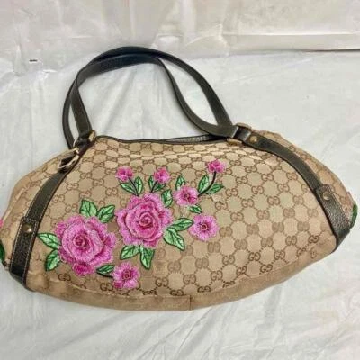 Bolso de Mano Vintage Gucci, Lona Recubierta Beige Mono Rosa Floral Foto 1 de 4