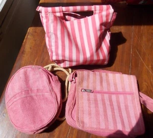 SACS   PETITS SACS A GOUTER LOT DE 3 en toile de JUTE et COTON RAYE - Picture 1 of 5
