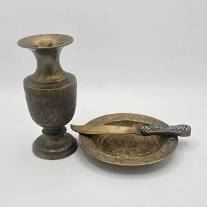 Vintage Brass Bud Vase Dish Letter Opener Made In India Antique Decor 4" To 5" - Bild 1 von 8