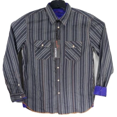 New Express Men's Black Large Fitted Button-up Dress Shirt Flip Cuff Striped NWT - Image 1 of 4