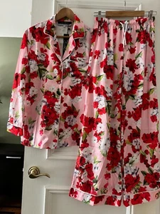 New Dalia Macphee Floral Long Sleeve Satin Button Down PJ Pajama Lounge Set Sz M - Picture 1 of 5