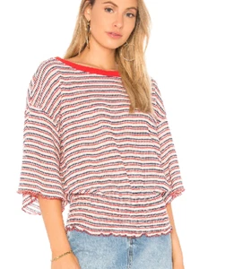 We the FREE PEOPLE T-Shirt Ebenholz rot blau gestreift gesmoktes Oberteil Gr. XS Kurzarm - Bild 1 von 8