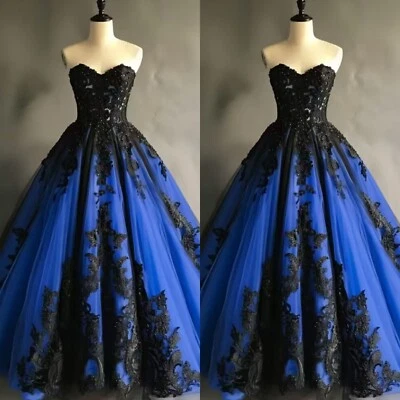 Blue+Black Gothic Wedding Dresses Sweetheart Lace Applique Beaded Bridal Gowns - Image 1 of 4