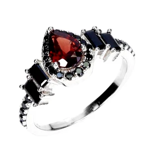 MOZAMBIQUE GARNET & BLACK SPINEL RING .925 STERLING SILVER 14K WGP SZ 8 - Picture 1 of 3