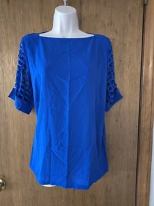Women's XL Blue Cutout Short Sleeve Top Blouse Shirt Boat Neck - Picture 1 of 8