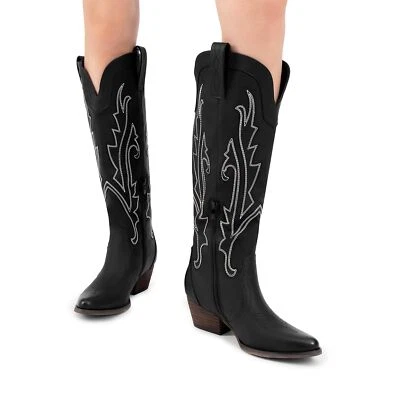 Mujeres Botas Vaqueras Hasta la Rodilla Tacón Bajo Grueso Botas Vaqueras Occidentales Foto 1 de 2