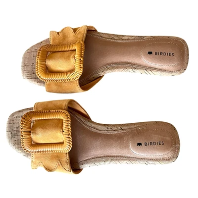 NWOT BIRDIES Kiwi Size 6 Yellow Suede Buckle Slip-On Comfort Slide Sandals Shoes - Image 1 of 4