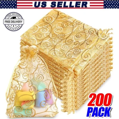 200pcs Gold Organza Wedding Party Gift Bags Favor Candy Sheer Jewelry Pouches US - Image 1 of 4