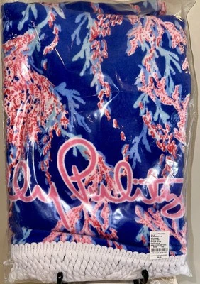 LILLY PULITZER GWP Beach Towel SWIM ON OVER #007360 BOREALIS BLUE Fringe Trim - Image 1 of 4