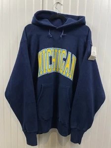Vintage 90s Michigan Reverse Weave Style Hoodie Men’s XL Navy Blue Arch Spellout - Picture 1 of 7