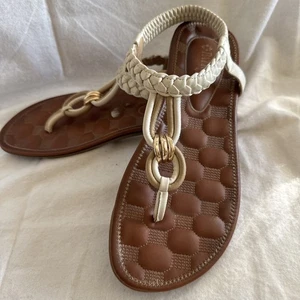 Patrizia by Spring Step Galdus Womens Sandals Sz 8  T-Strap Gold Ivory Braid - Picture 1 of 6