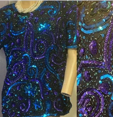 Blusa Top Vintage India Seda LAURENCE KAZAR Nueva York Aqua & Purple Lentejuelas L Foto 1 de 4