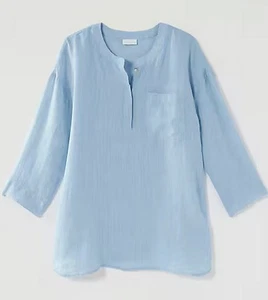 NWT Pure Jill Linen 1 Pocket Tunic Curve Hem 1/2 Placket Vents 3/4 SL Blue Sz LP - Picture 1 of 11