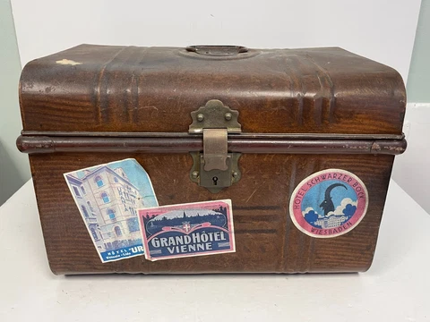 Antique Vintage Small Metal Trunk E.Bates Wolverhampton 1920s Painted Steamer Cover