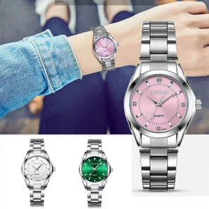 Damen Frauen rosa Zifferblatt elegante Uhren wasserdicht Stahlband Analog Quarz Uhr - Bild 1 von 17