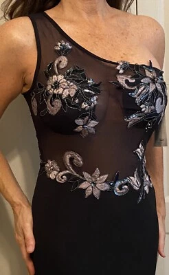 华丽性感串珠不对称黑色派对礼服 Jessica McClintock 尺寸 8 全新带标签 — 第 1/4 张图片