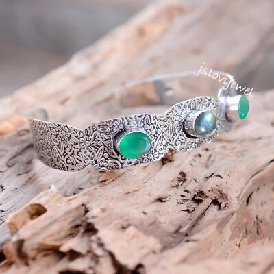 拉长石和绿玛瑙宝石 925 纯银袖口时尚手镯 — 第 1/4 张图片