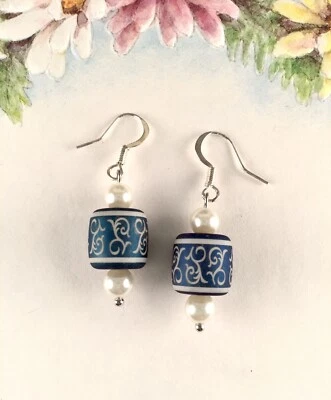 White Pearl Blue Silver Dangle Earrings Womens Handmade Artisan Fashion Jewelry - Image 1 of 4