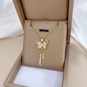 Women's Fashion Jewelry Gold Cubic Zircon Butterfly Pendant Necklace 588 - Picture 1 of 6