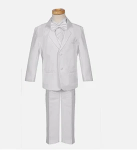 Boys Tuxedo suit White Satin trim wedding  Easter Bow tie vest pants SIZE  7 - Picture 1 of 2