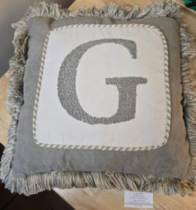 Pier 1 import throw pillow "G" 17"x17" new with tags greyish color with cream - Picture 1 of 7