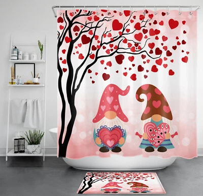 Lindo juego de cortinas de ducha Red Love Heart Gnomo día de San Valentín para decoración de baño Foto 1 de 4