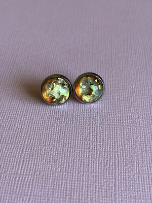 Resin Dome Stud Earrings, Dark Orange Glitter Flakes, Bezel, Stainless Steel - image 1 of 3