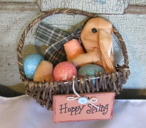 Primitive Cloth Easter Bunny in Egg Basket w Sparkly Easter Eggs HAPPY SPRING - Picture 1 of 4
