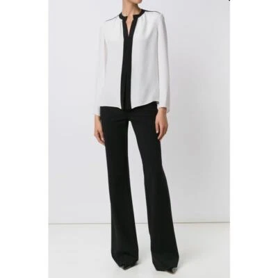 Top de seda DEREK LAM para mujer 4 negro crema cuello Nehru cuello dividido manga larga acampanada Foto 1 de 4