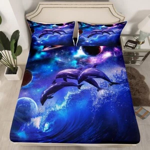 Dolphin Fitted Sheet Queen Starry Sky Sea Water Bedding Set 3pcs for Kids Tee... - Picture 1 of 6