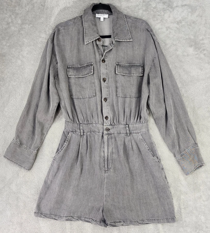 Gilli Romper 女式中号灰色领纽扣短袖学院风休闲 — 第 1/4 张图片