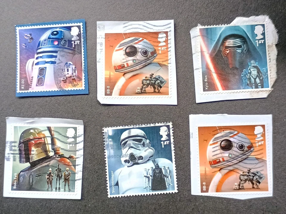 GB Stamps Star Wars Used  Postage Stamps On Paper X6 Stormtrooper, R2D2 etc - Image 1 of 1