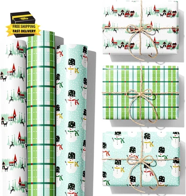 Christmas Wrapping Paper Bundle - 3 Rolls - Cute Green Christmas Gift Wrap - Gre - Image 1 of 4