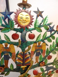 XLARGE VINTAGE ANTIQUE MEXICAN ORNATE TIN GARDEN OF EDEN TREE OF LIFE CANDLE STK - Picture 1 of 18