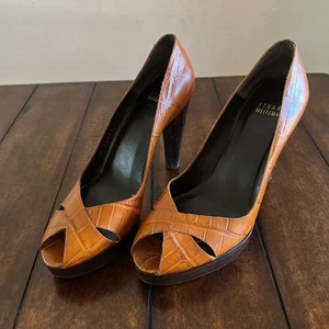 Stuart Weitzman punta aperta, incrociato, décolleté, platform, taglia 7 M Cognac Croc - Foto 1 di 8