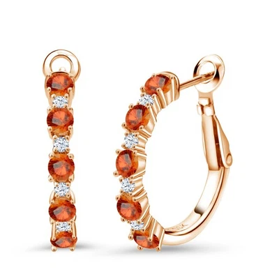 Brincos femininos de argola de safira laranja prata folheados a ouro rosa 18K | 1,85 CTTW - Imagem 1 de 4