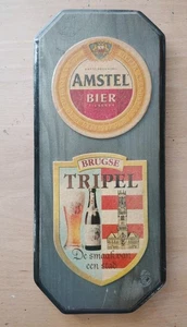 Placa de cerveza de madera triple de colección Amstel Bier & Brugse - Mid-Century Breweriana, RARA - Imagen 1 de 13