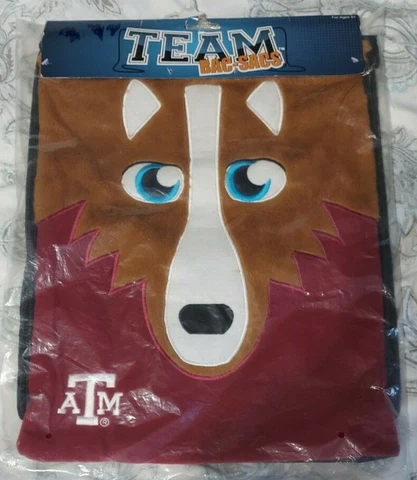 Texas A&M NCAA Team Bac-Sacs Plush Mascot Reveille Backpack, New In Package Cover