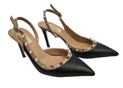 VALENTINO GARAVANI Black & Poudre Calfskin Nappa Rockstud Slingbacks - Size 39 - Image 1 of 4