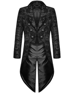 Devil Fashion Mens Gothic Steampunk Tailcoat Jacket Black Brocade Damask Wedding - Picture 1 of 10