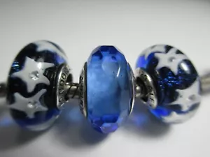 Set of 3 Pandora Murano Glass Charms Fascinating Blue Midnight Stars Galaxy NEW - Picture 1 of 2